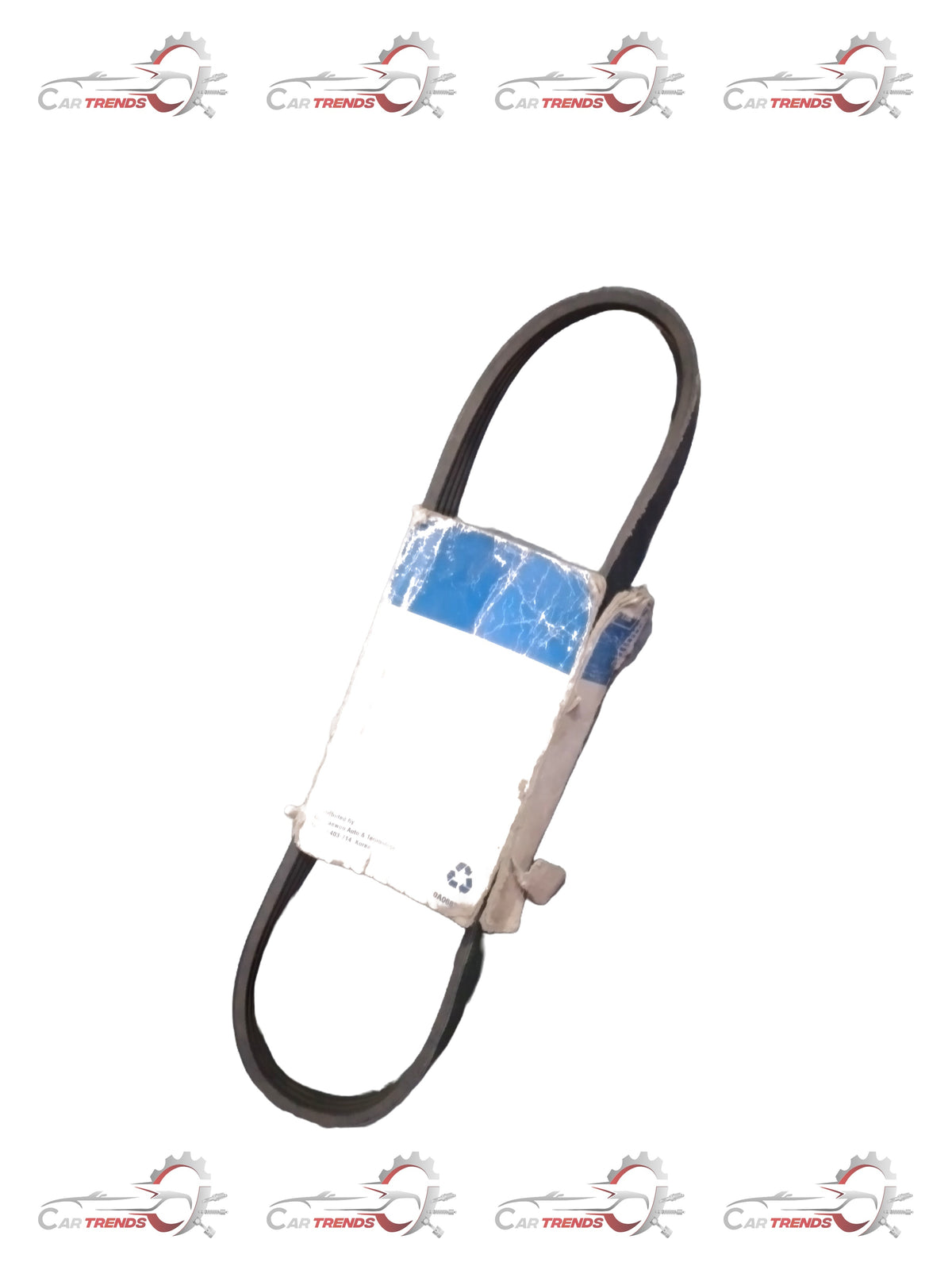 General Motors V-belt AVEO J96610563 showing a black rubber automotive belt with grooves for engine drive systems.