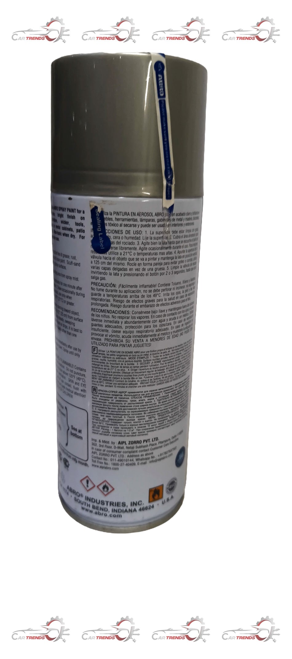 ABRO silver spray paint can with nozzle, ideal for metal and craft projects, in a close-up image.