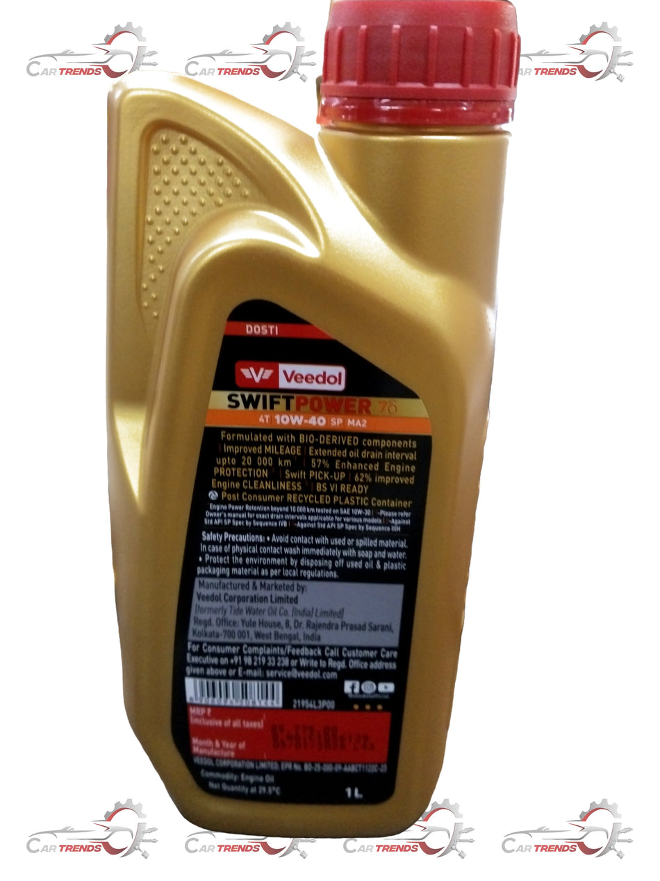 Veedol Swift Power 4T 10W40 engine oil bottle, suitable for motorcycle engines, with label details visible.