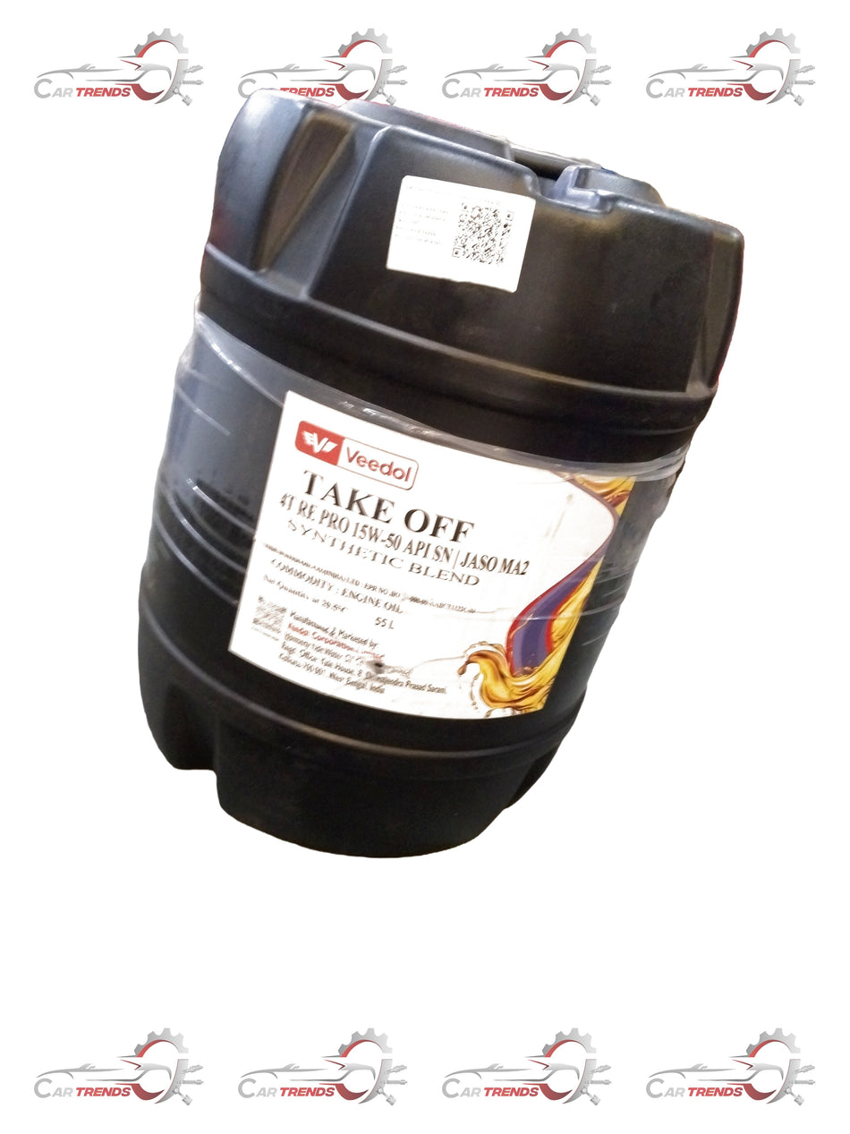 Veedol TAKE-OFF 4T RE PRO 15W-50 engine oil container, API SN JASO MA2, with product label visible.