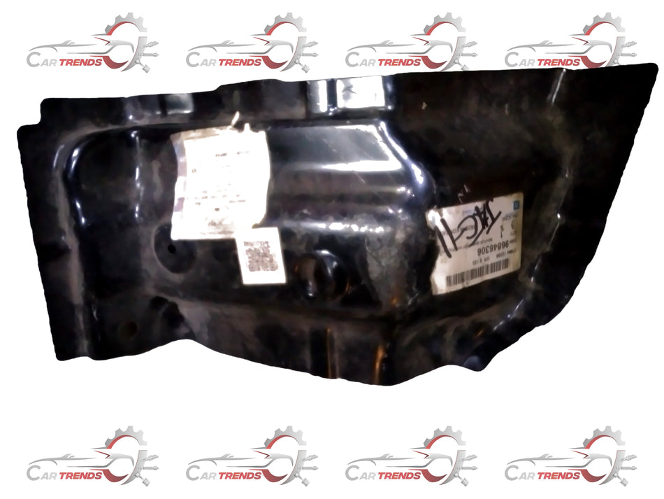 General Motors reinforcement front right lower wheel well panel, metal automotive body part with mounting holes.