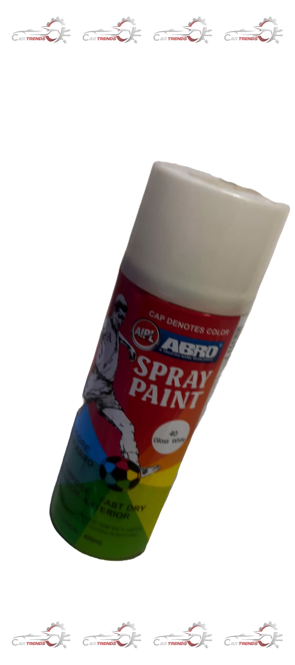 ABRO white spray paint can for cars, showing the aerosol container with product label and spray nozzle.