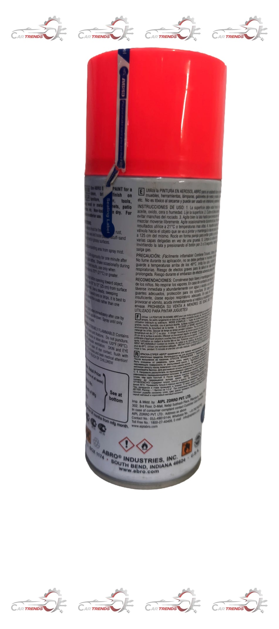 ABRO red spray paint can for versatile use, showing a close-up of the red aerosol container with the ABRO brand label