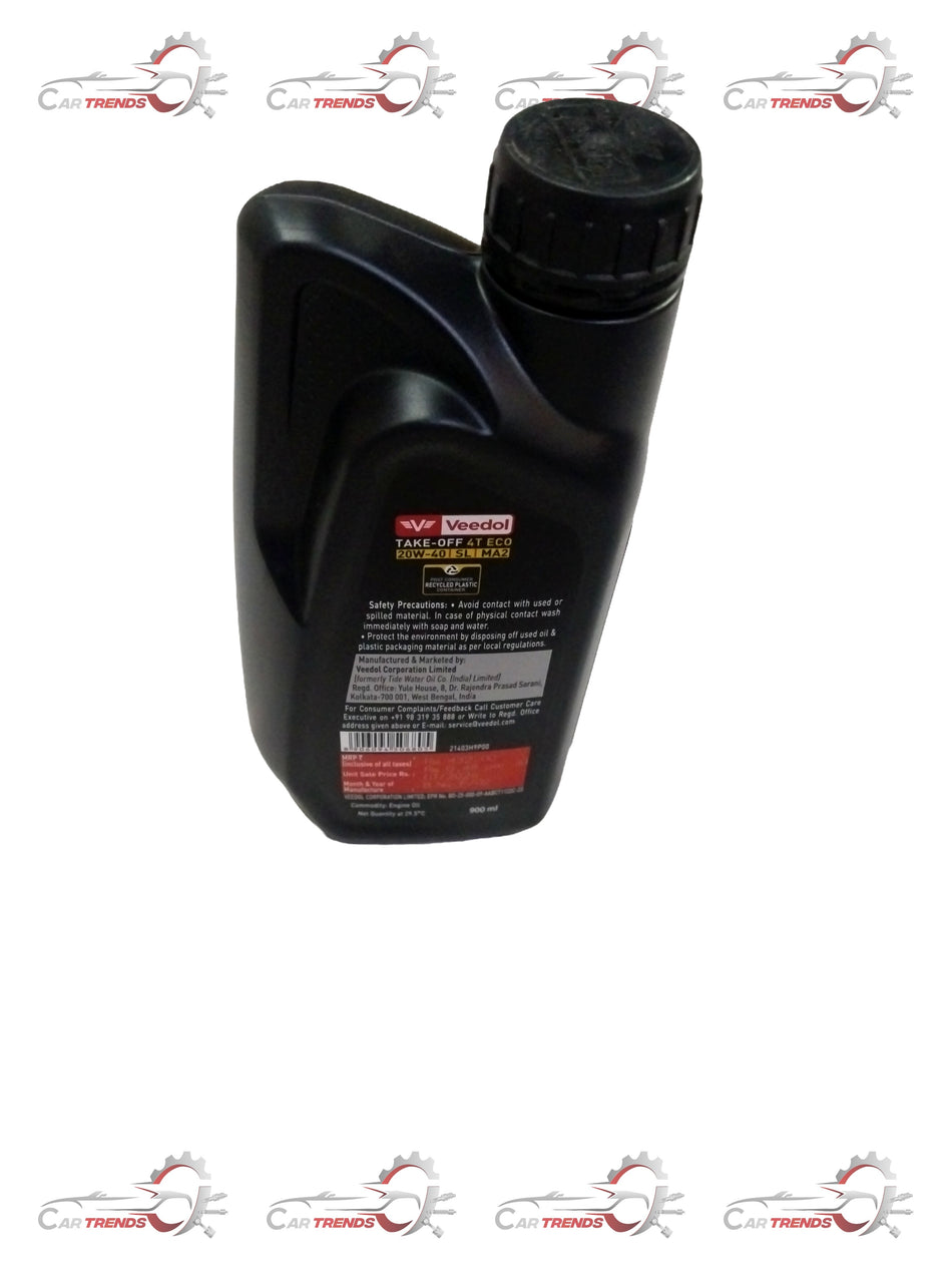 Veedol TAKE-OFF 4T ECO 20W-40 SL MA2 engine oil bottle with label, designed for 4-stroke engines, in a clean white background.