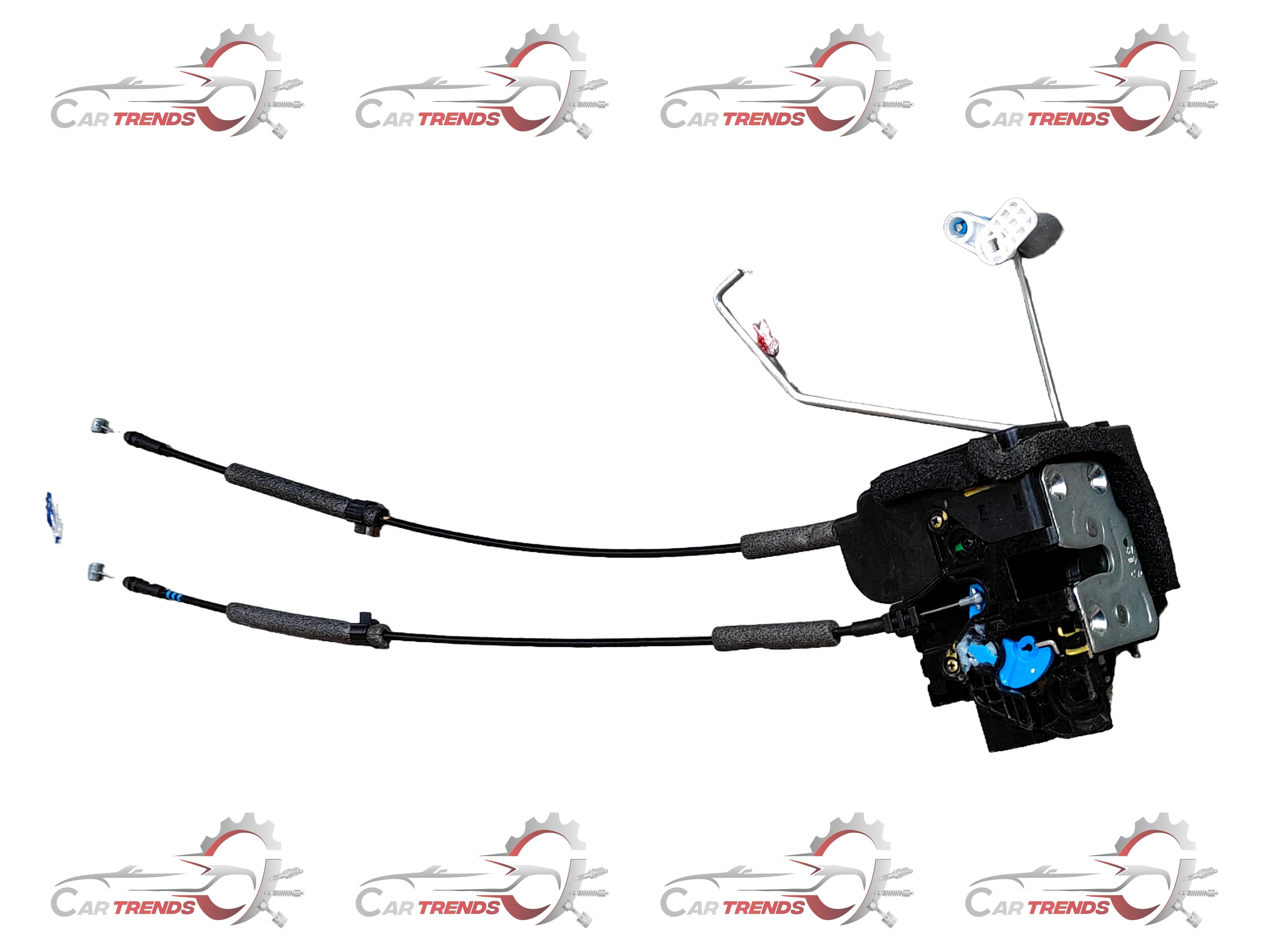 Hyundai front door latch assembly for the right side, automotive part with metal and plastic components, shown in the image.