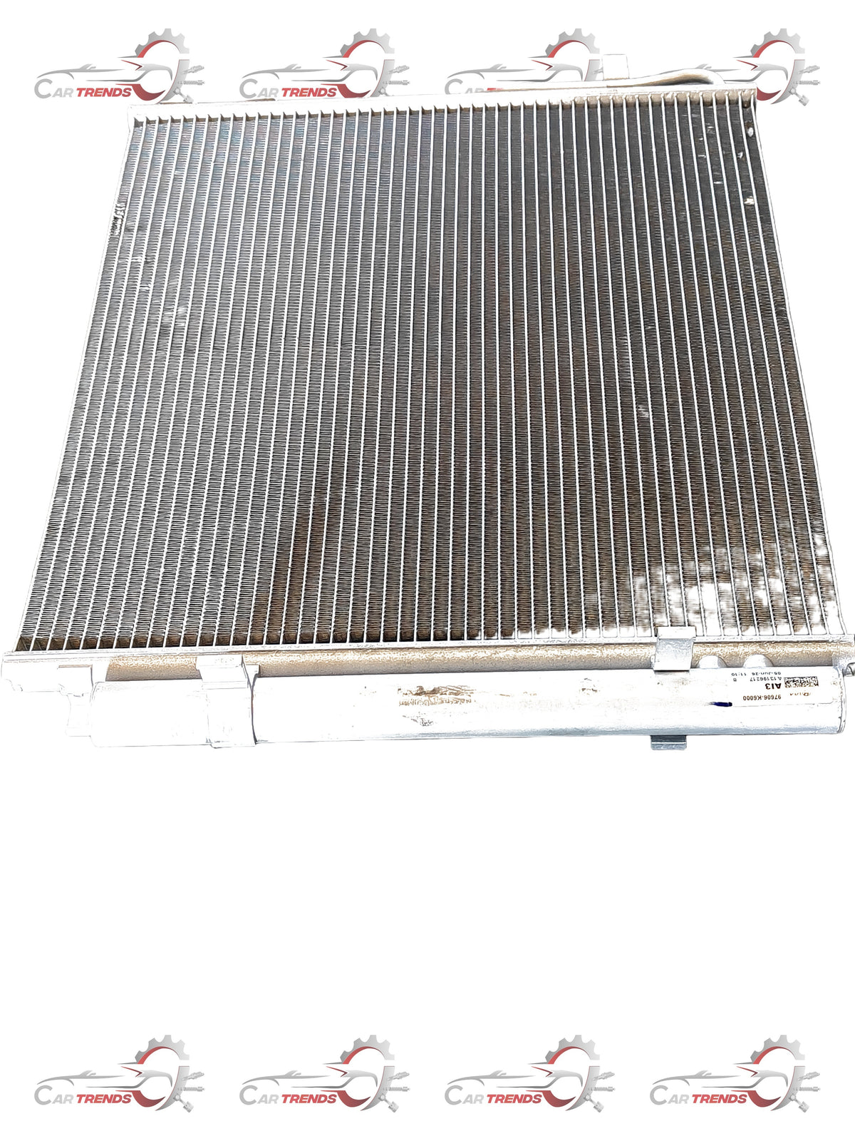 Hyundai CarTrends Aura air condensor for Hyundai vehicles, showing a close-up of the condenser coil and mounting brackets.