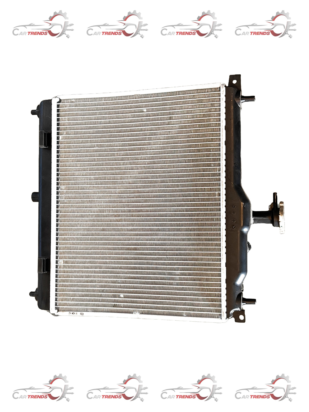Hyundai Santro 2020 model radiator in silver with visible fins and inlet/outlet connections, designed for engine cooling.