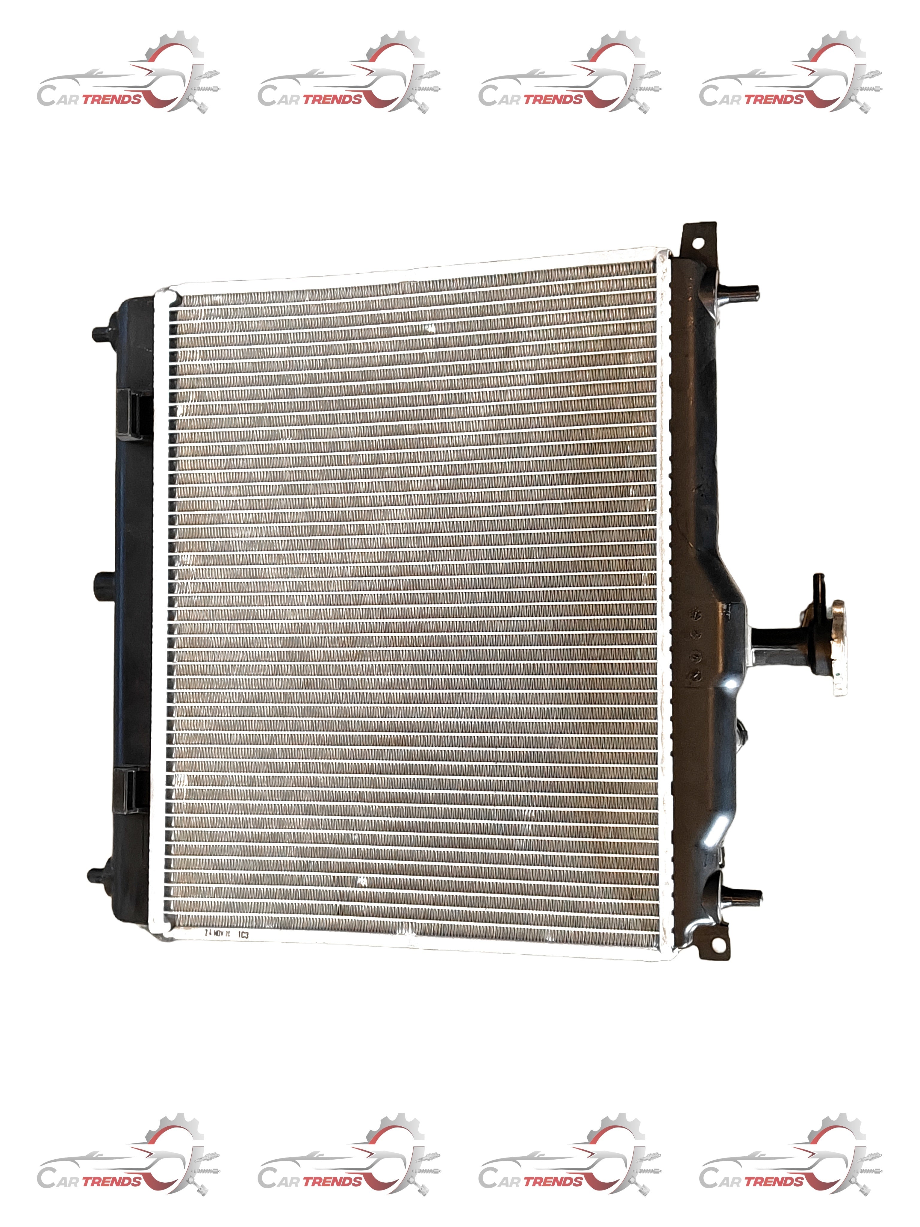 Hyundai Santro 2020 model radiator in silver with visible fins and inlet/outlet connections, designed for engine cooling.