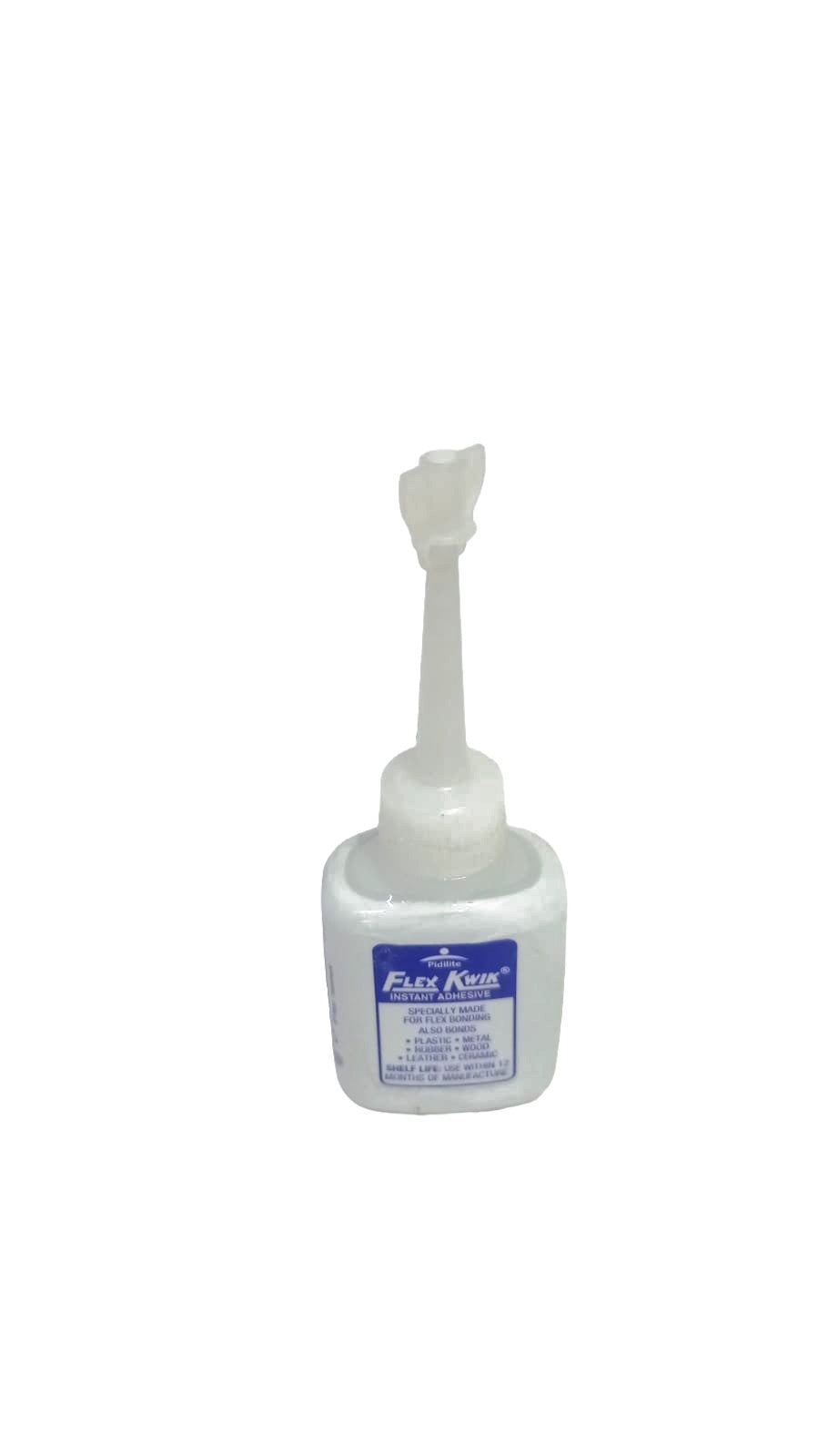 Pidilite FLEX KWIK 15 GM glue bottle with twist open cap, showing the product label and transparent container.