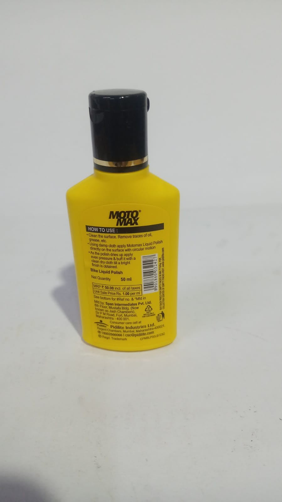 PIDILITE Motomax Bike Liquid Polish 50ml shows a bottle of bike polish with a sleek design and label, ready for bike detailing.