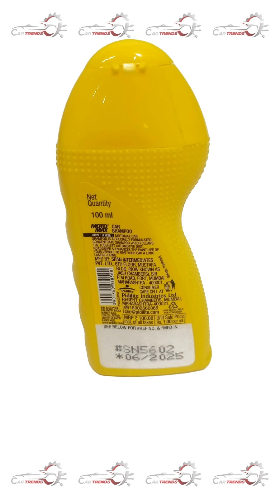 Pidilite Motomax Car Shampoo 100ml bottle, designed to clean and shine vehicles effectively.