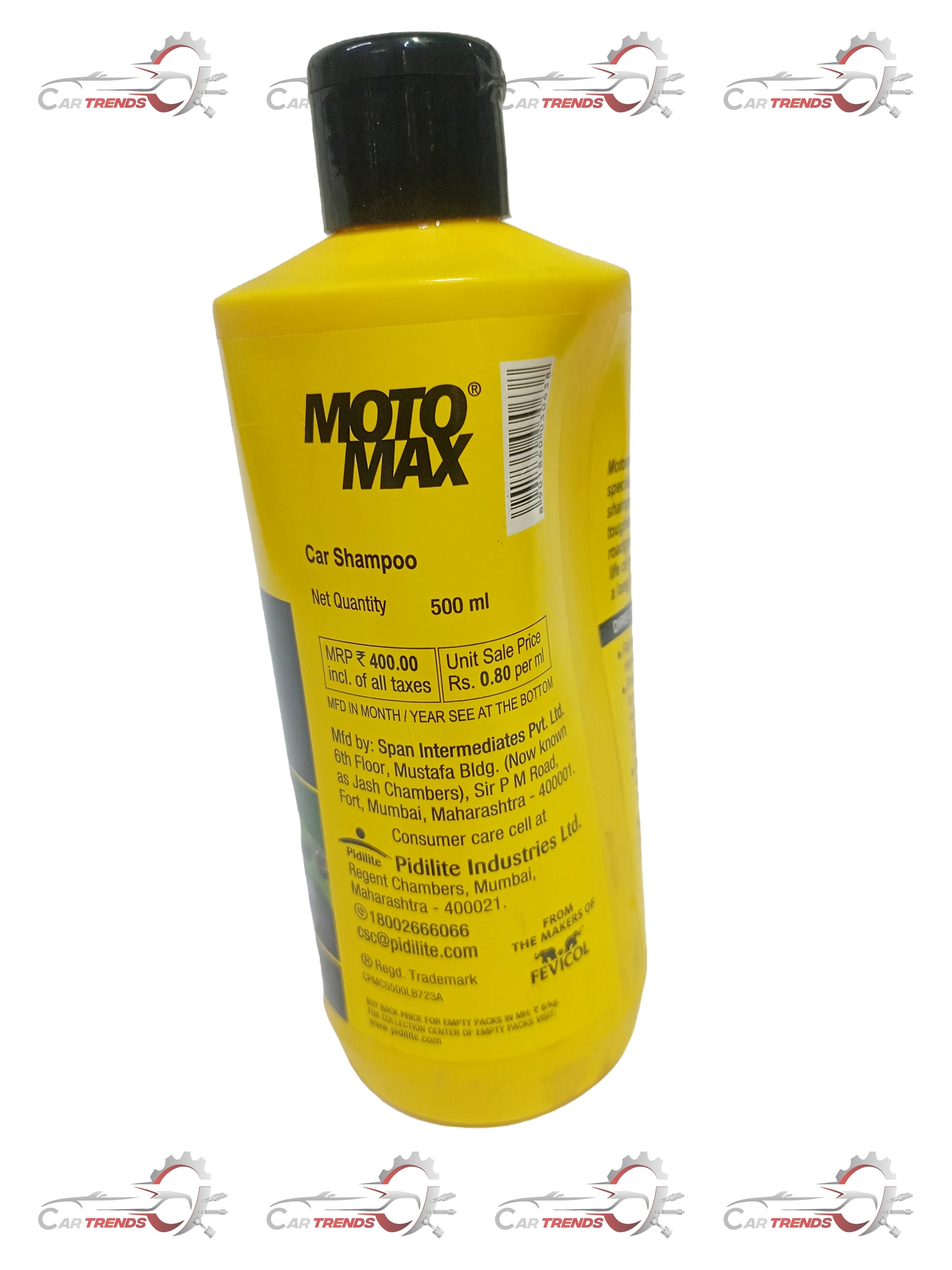 P IDILITE Motomax Car Shampoo 500ml bottle, close-up of the label showing car cleaning solution for vehicle wash.