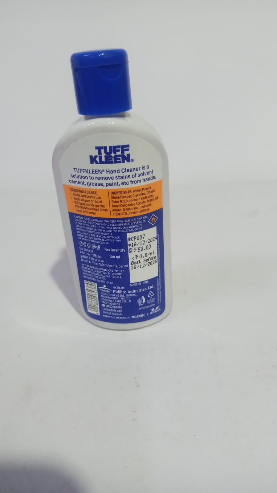 PIDILITE TUFF KLEEN Hand Cleaner 100ml bottle, effective for removing grease and dirt from hands.
