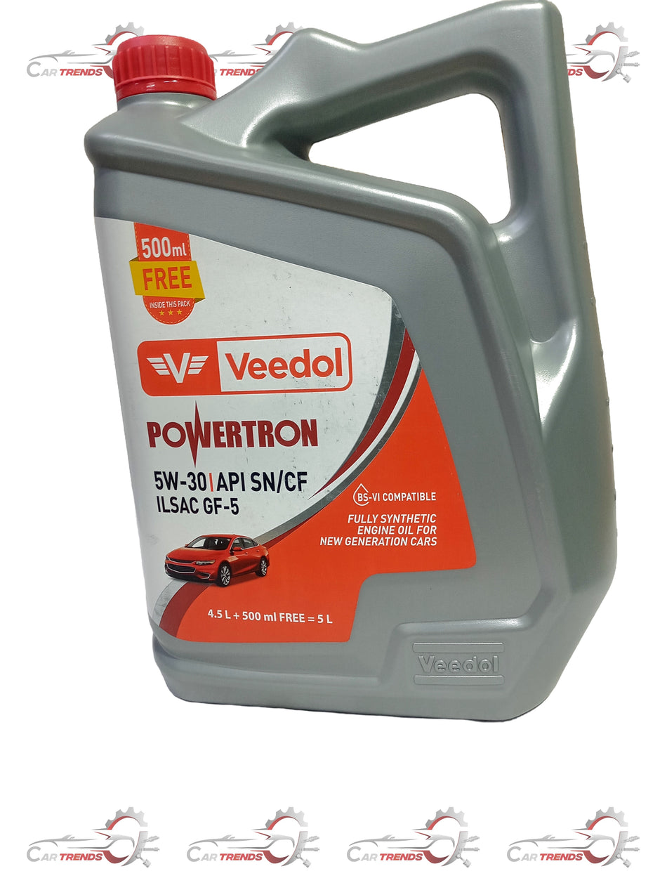 Veedol 5W-30 fully synthetic engine oil bottle with label and cap, designed for vehicle engine lubrication.