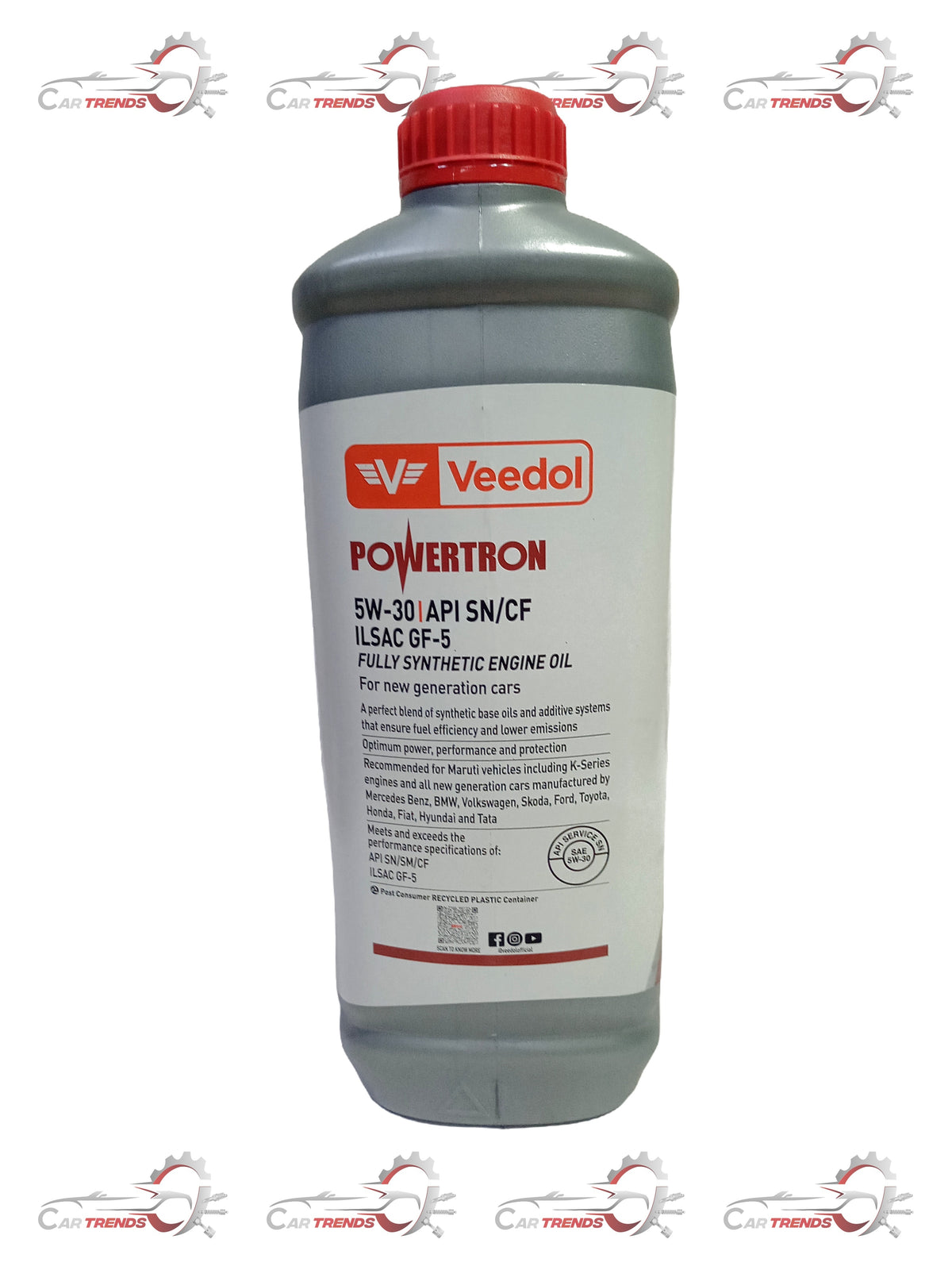Veedol 5W-30 fully synthetic engine oil bottle with label and cap, suitable for vehicle engine lubrication.