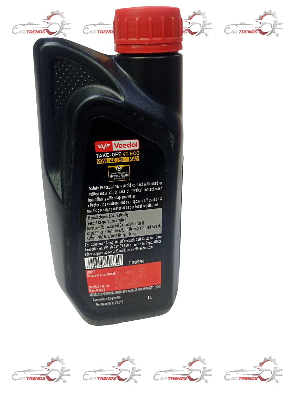 Veedol 4T ECO engine oil 20W-40 container, suitable for motorcycle engines, with label showing product details.