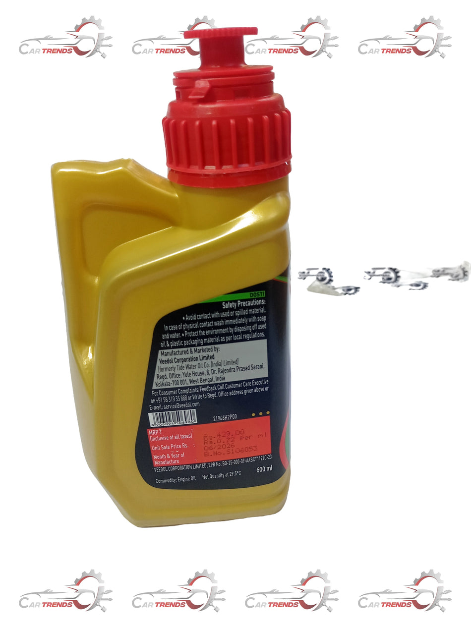 Veedol 600ml 5W-30 engine oil bottle with label showing product details and branding.