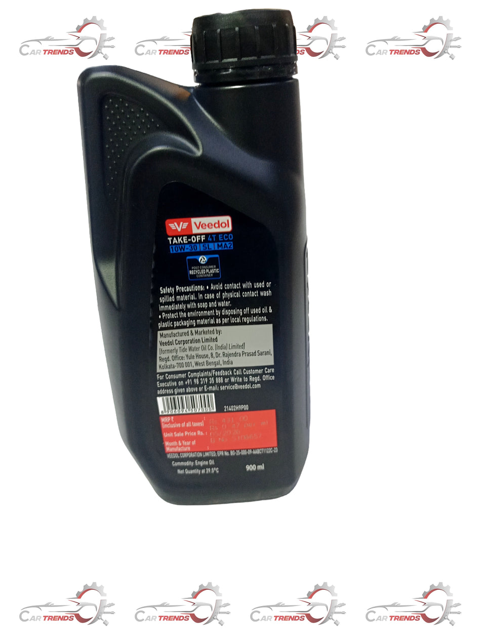 Veedol Take Off 4T ECO 10W-30 motorcycle engine oil container with label showing product details and specifications.