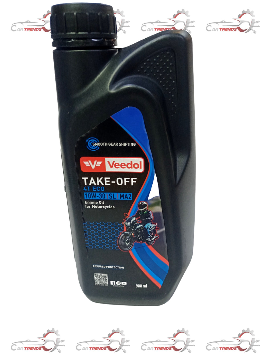 Veedol Take Off 4T ECO 10W-30 motorcycle engine oil container with label showing product details.