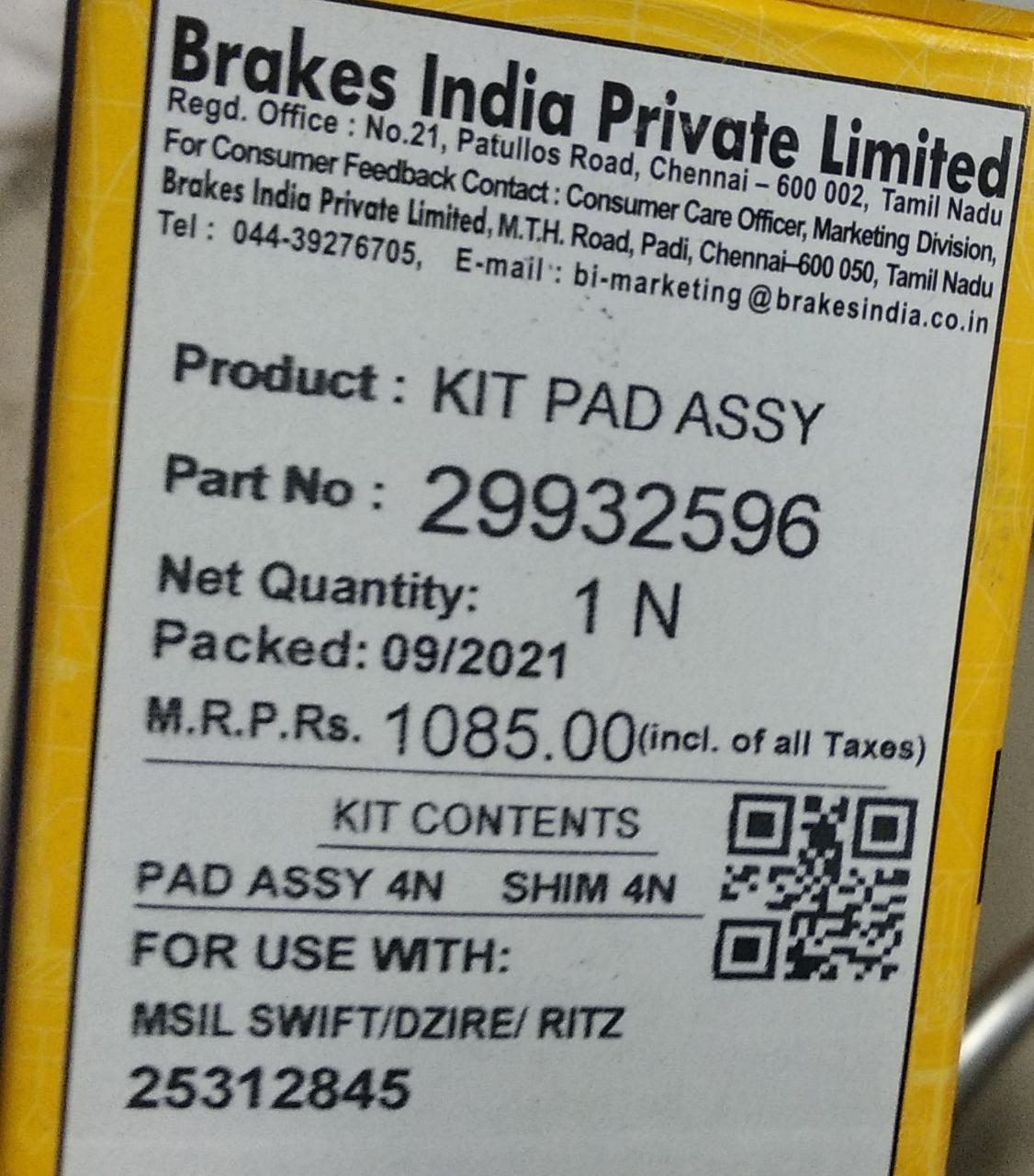 29932596   Brake Pad Ciaz Front