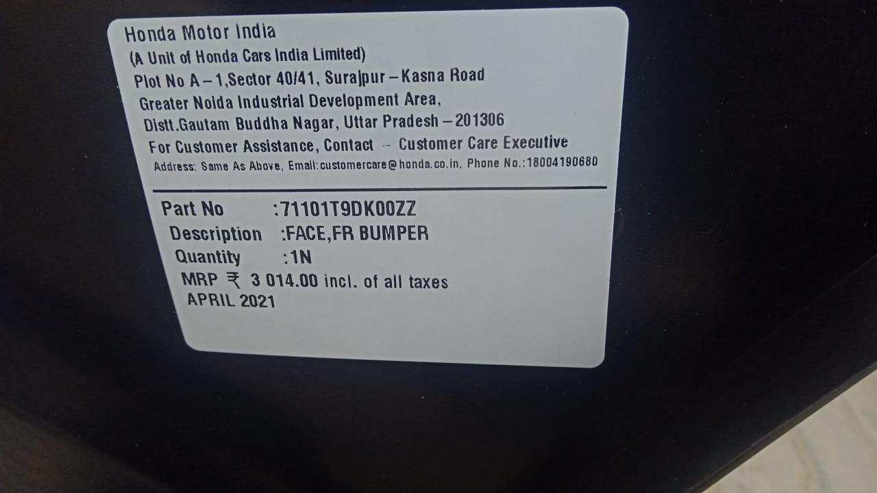CarTrends front bumper for Honda Type 7, spare part with product code 71101T9DK00ZZ, showing the black plastic bumper in the image.