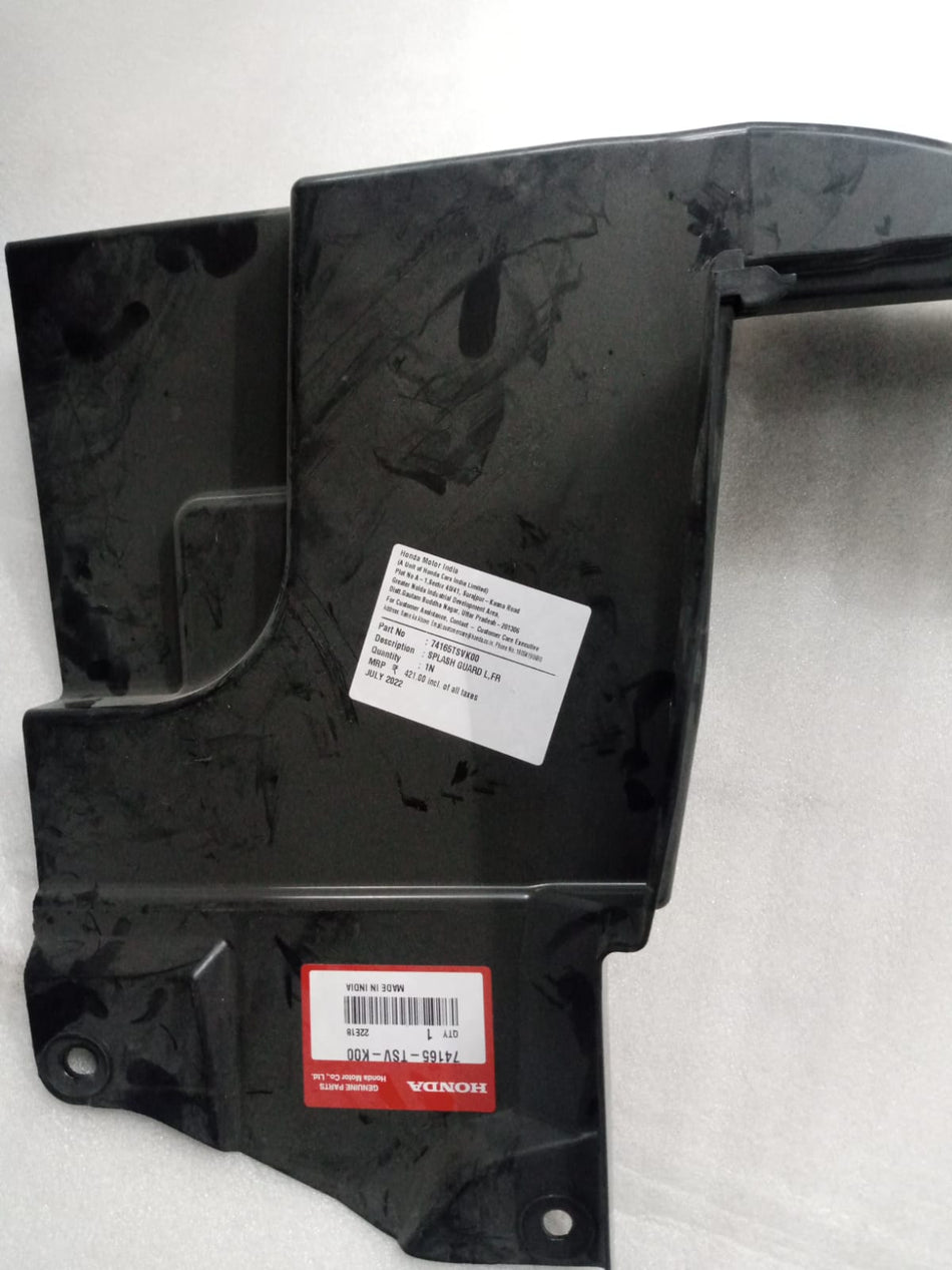 CarTrends splash guard left front spare part, black plastic component for vehicle protection with mounting features.