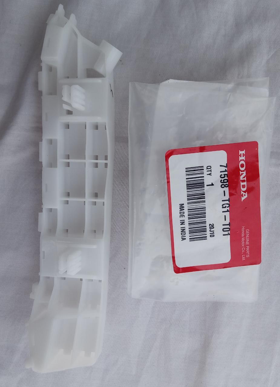 Honda Brio rear left bumper bracket, model 71598TG1T01, showing the metal mounting component for vehicle repair or replacement.