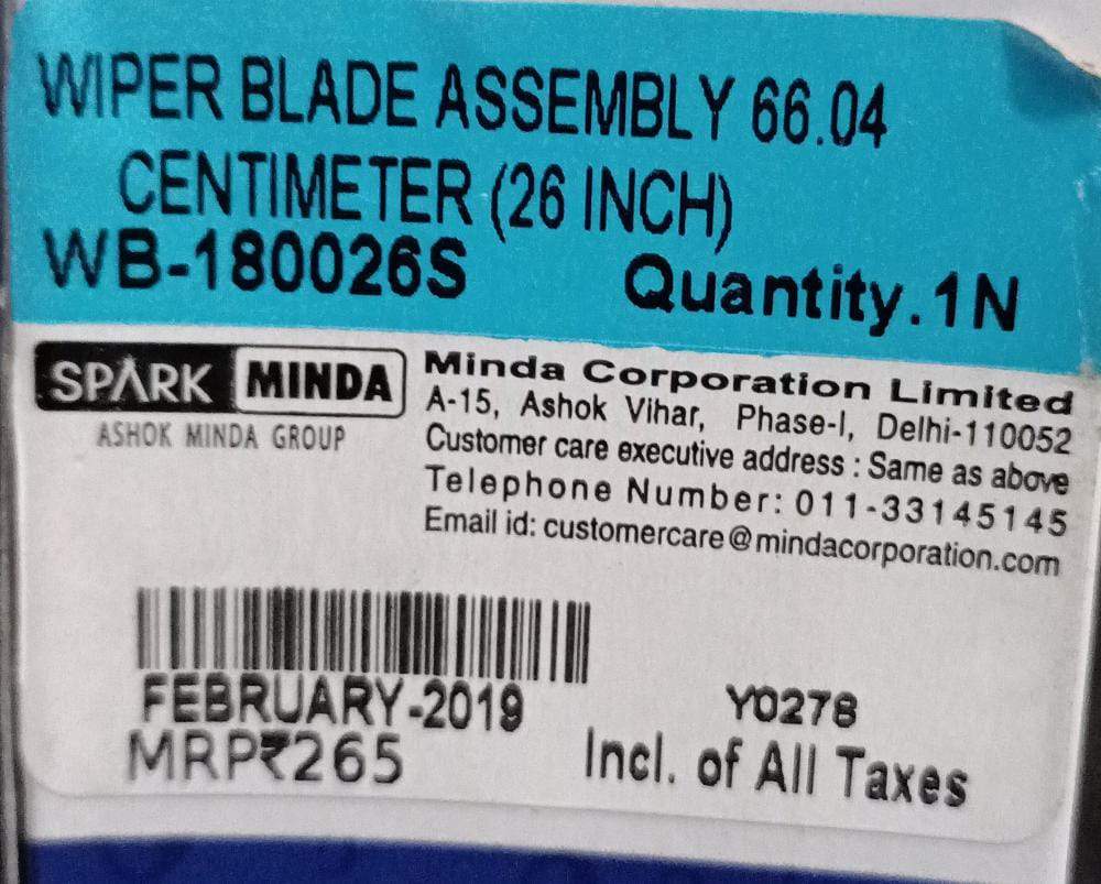 MINDA WB180026S 26-inch wiper blade installed on a vehicle, demonstrating its size and fit for effective windshield cleaning