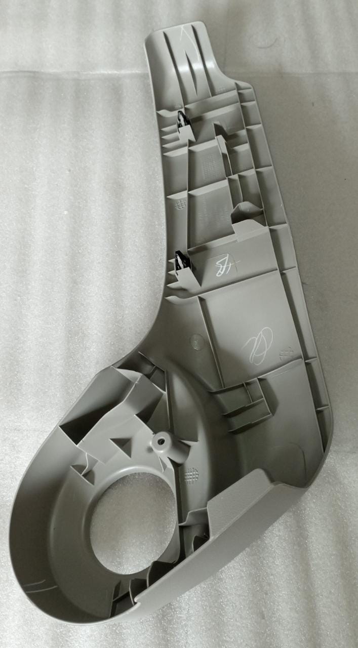 Nissan Micra finisher assembly with seat belt trim on the left side, part number 873801HE1B, for Nissan vehicle interior.